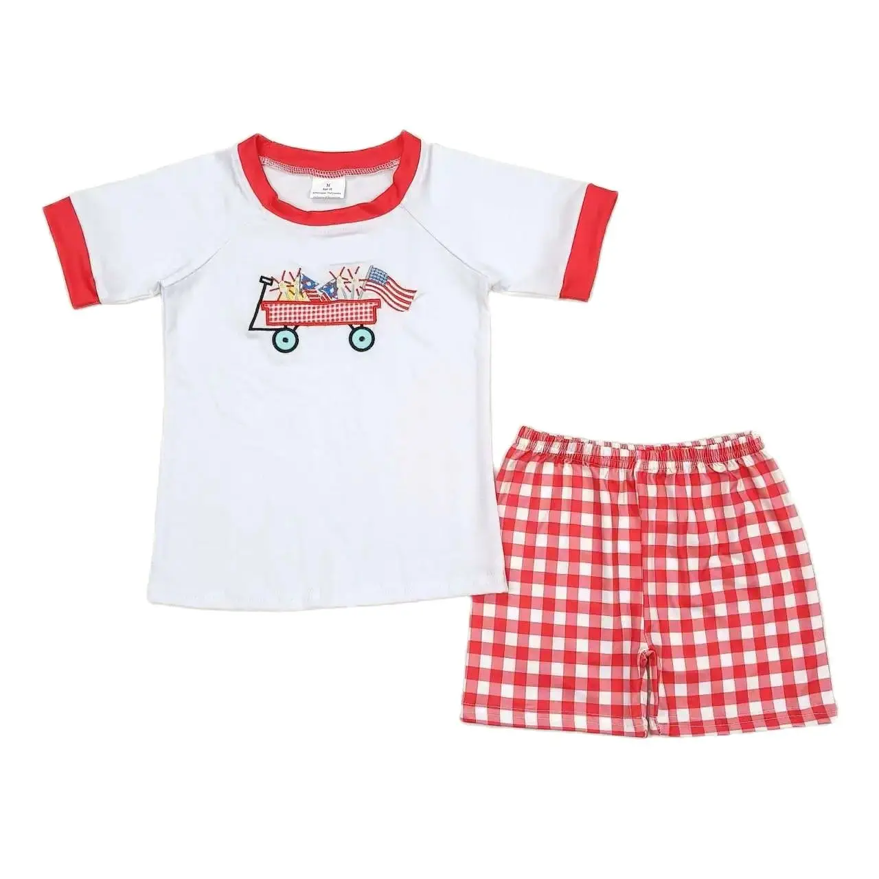 

BSSO0618 Kids Boys Summer Outfit Sets Short Sleeves Top Embroidery Fireworks Flag Trolley Print With Shorts Children Clothes