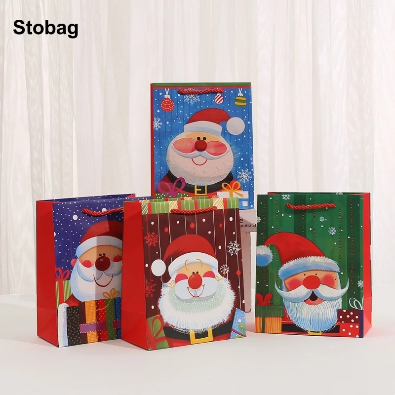 

StoBag 12pcs New Merry Christmas Gift Tote Bags Cardboard Santa Claus Candy Packaging Storage Pouches Birthday Party Favors