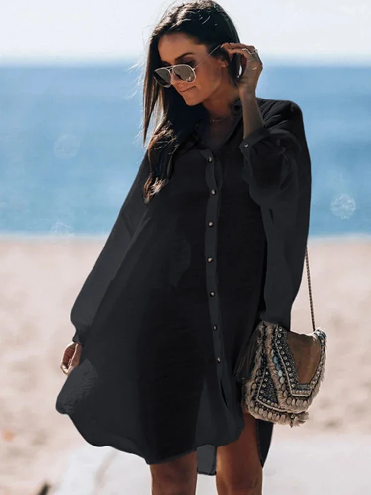 새로운 비키니 커버 업을 통해 볼 수 있습니다. 여성 비치 커버 싱글 브레스트 턴 다운 칼라 여름 패션 여성 드레스 비치웨어