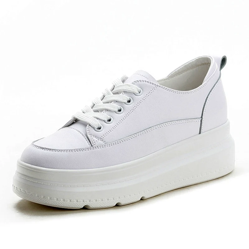 

Genuine Leather White Shoes Women Sneakers Thick Sole Height Increasing 5cm Casual Ladies Soft Comfortable