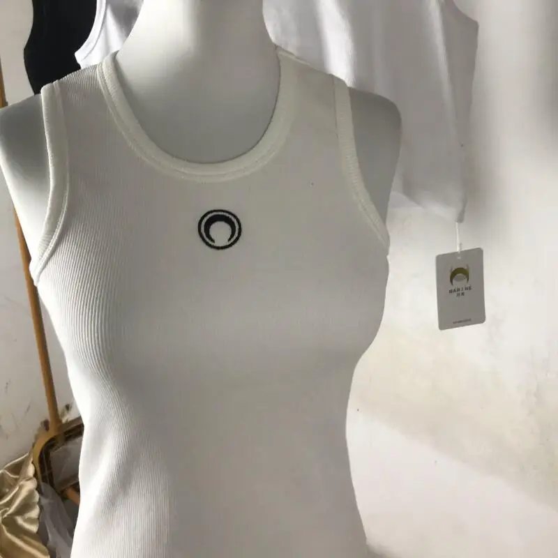 High Street Tank Top Sleeveless Women Moon Embroidery Korean Style Cotton Slim Fit Versatile Bottom Strap Tops