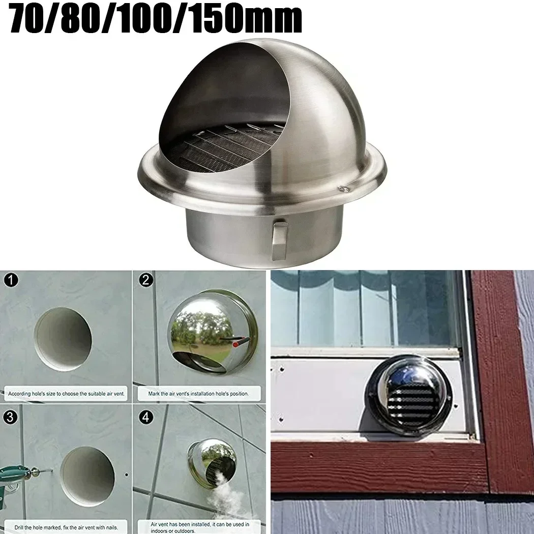 Aço inoxidável redondo ar ventilação grade, escovado Bull nariz, extrator externo, parede ventilação saída, exaustores, 70mm, 80mm, 100mm, 150mm, 1pc