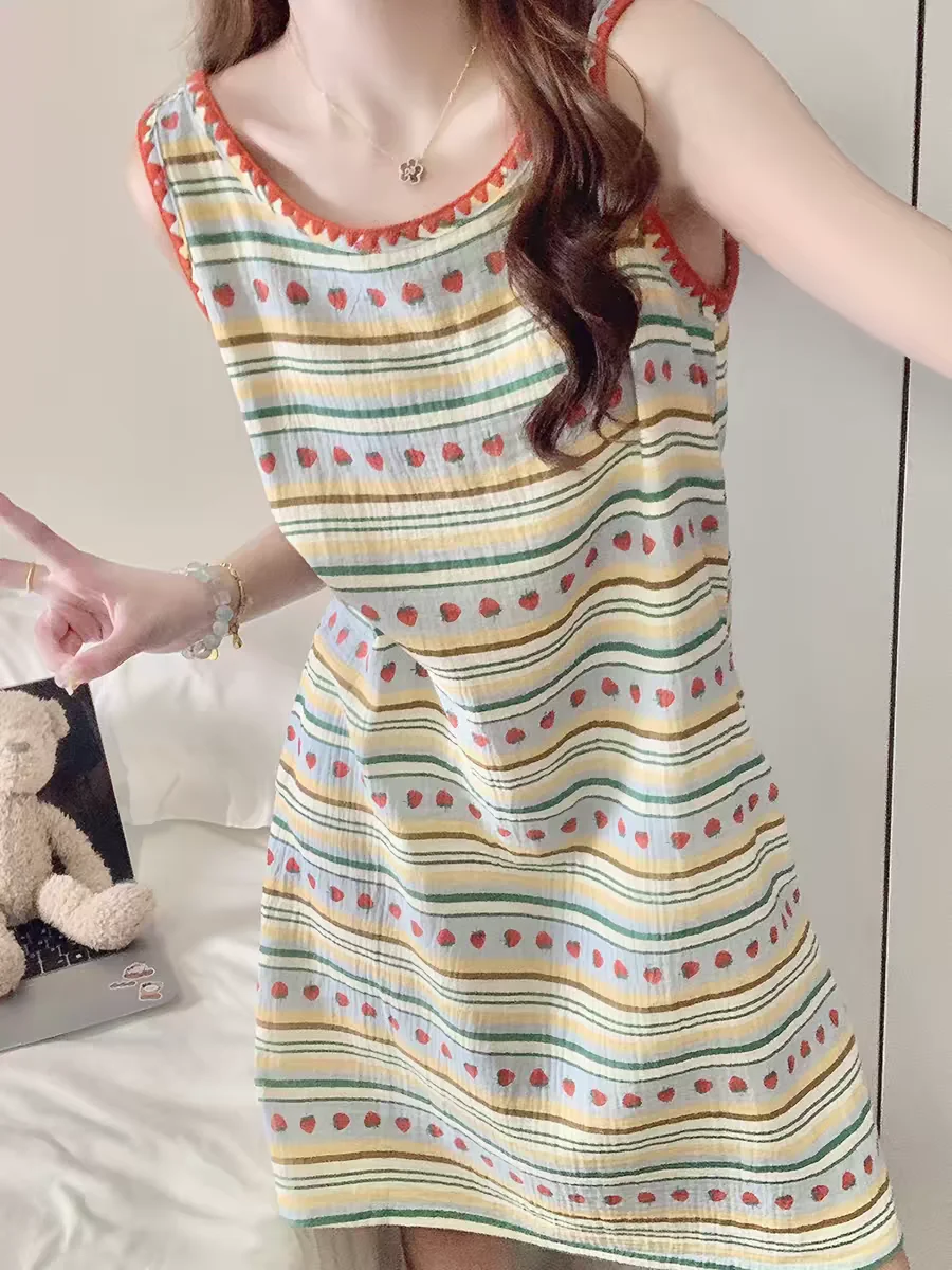 2026 New Summer Sleeveless Women's Striped Vest Nightgown Thin Maternity plus Size Sleepwear Can Be Worn outside Home Clothes