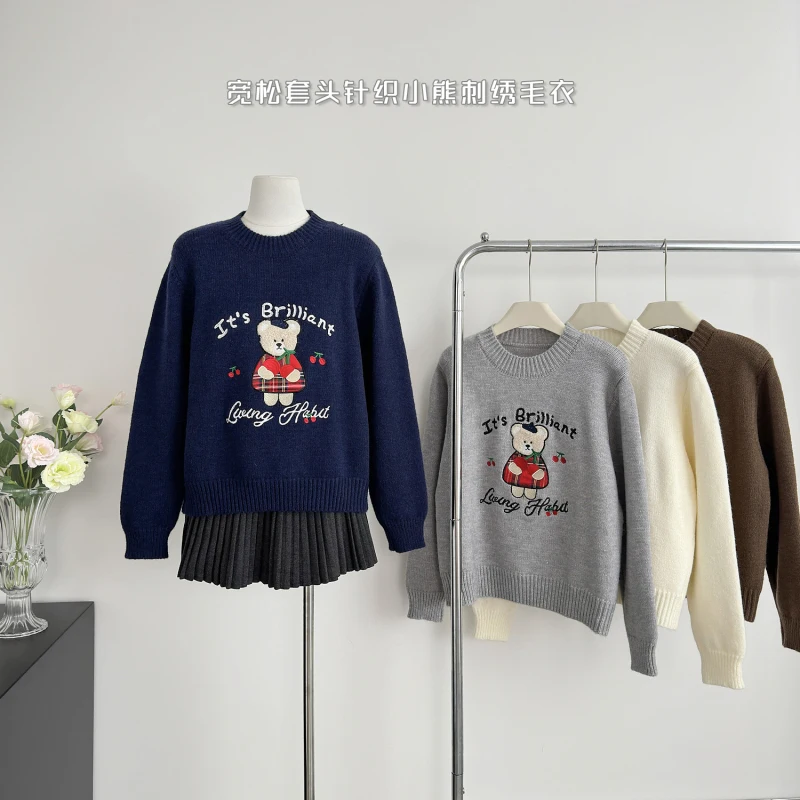 2024 New Autumn Winter Women Loose Pullover Sweater High Quality Sweet Cute Bear Cherry Embroidery Knitted Sweater