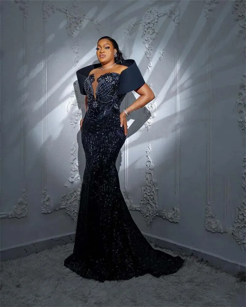 Plus Size African Navy Blue Prom Dresses Sequins Beaded 3D Off the Shoulder Evening Dress Black Women Formal Occasion Dress Gown