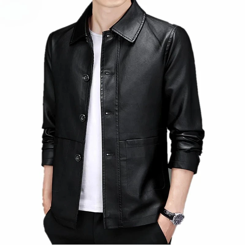 

2026 New Product Launch in 2026: Men's Black Long-sleeved Jacket, Artificial Leather Single-button Lapel Coat.