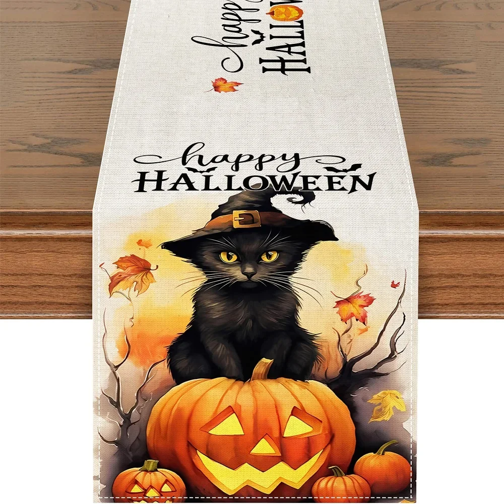 1Pc Halloween Style Table Runner Multicolor Black Cat Pumpkin Happy Halloween Print Table Cover Dining Table Kitchen Desktop Hom