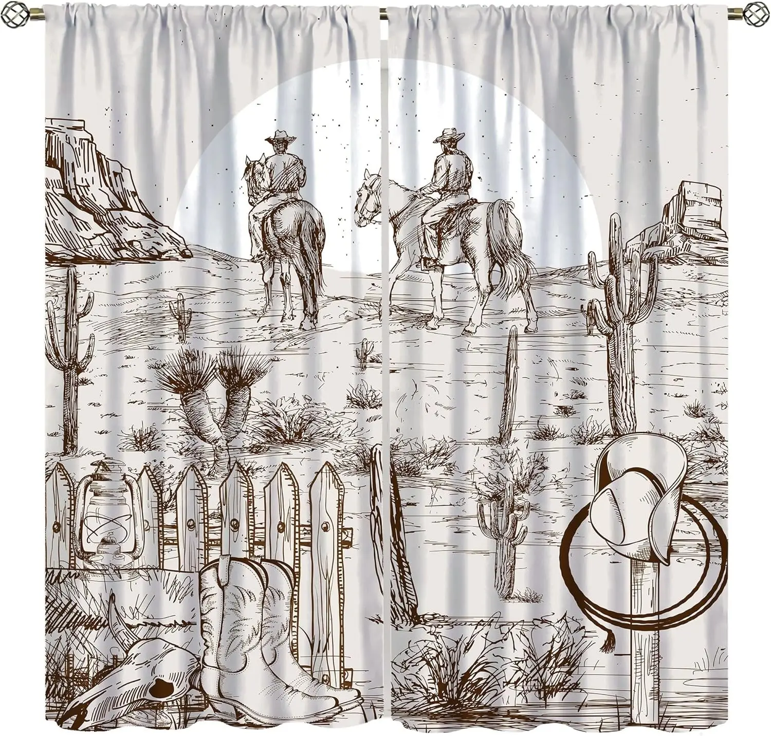 Cowboy Curtains for Kids, Hand Painted Western Canyon Desert Cactus Ranch Horse Window Drapes for Boys Girls Bedroom Decor