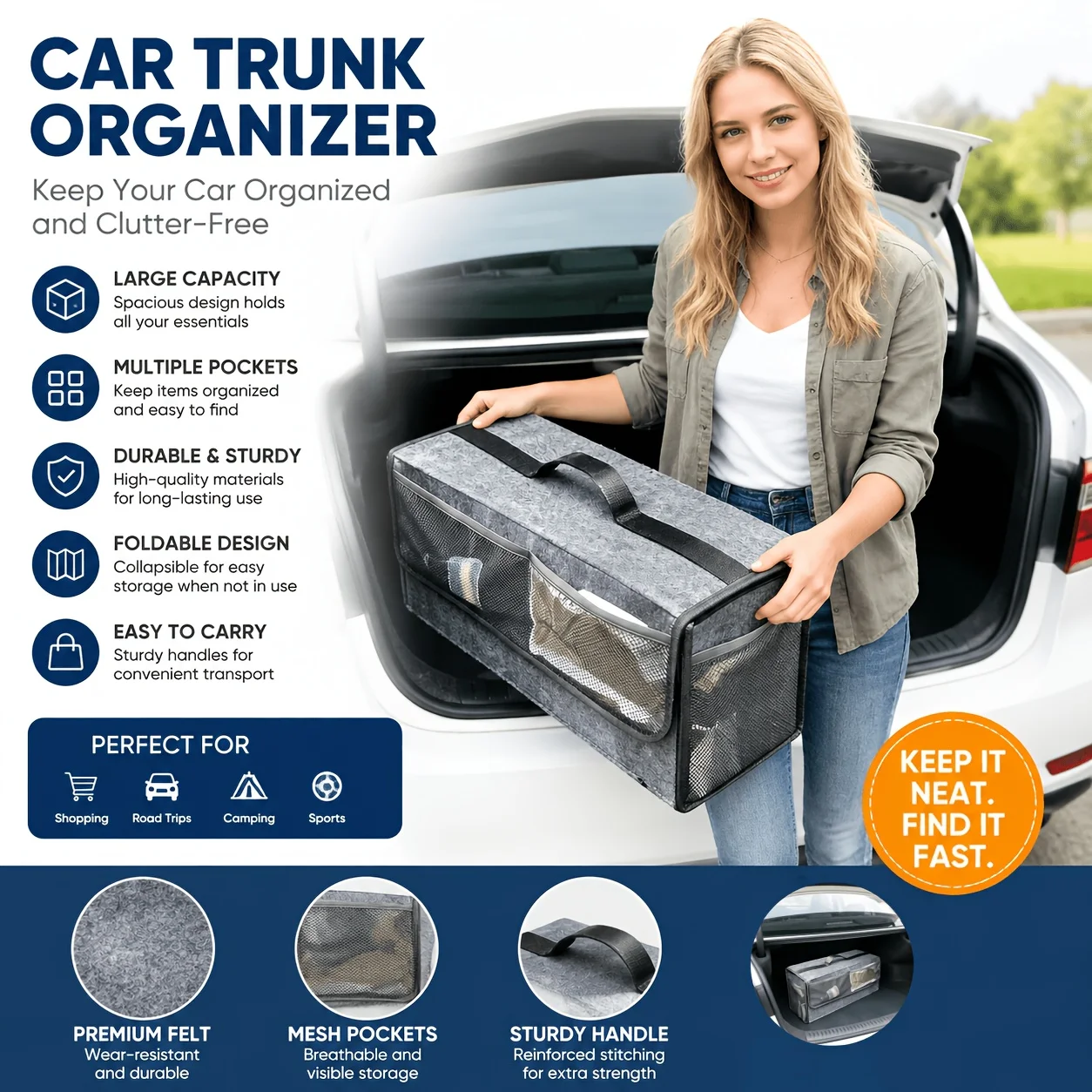 Car Trunk Organizer Foldable Storage Box - منظم صندوق السيارة من اللباد مع