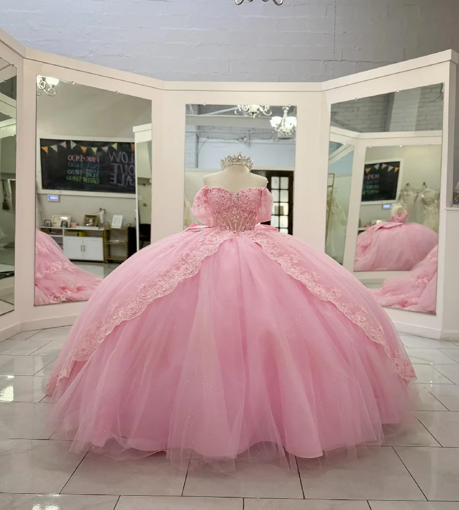 

Fluffy Pink Lace Quinceanera Dresses 2025 Masquerade Ball Gown Batas de 15 Quinceañera Debutante Xv Anos Sweet 16 Customized