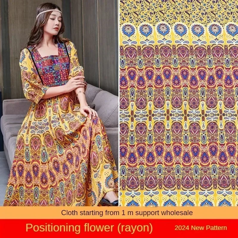 Soft Printed 100% Rayon Fabric Flower By The Meter for Clothes Dresses Pajamas Sewing Summer Floral Bohemian Cloth Thin Yellow