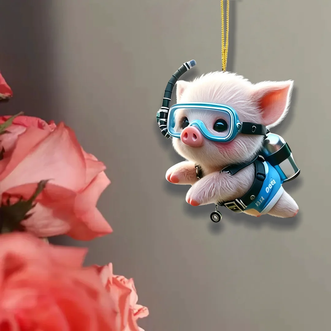 2D Cute Diving Piglet Keychain Cute Acrylic Pendant Cartoon Pig Ornament Charms Hanging Decor Birthday Gifts Party Giveaway