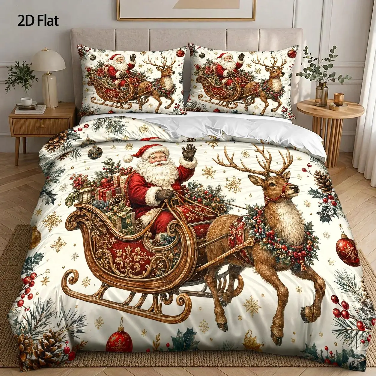 3Pcs Santa Claus Reindeer Sleigh Theme Duvet Cover Set with 1Pc Duvet Cover and 2Pcs Pillowcases Bedding Accessories Quilt Cover