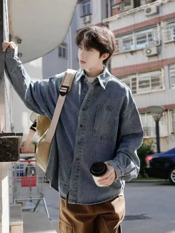 

Retro Japanese Style Long Sleeve Workwear Denim Shirt for Men Casual American Style Shirt Jacket Spring Autumn Trendy Youth