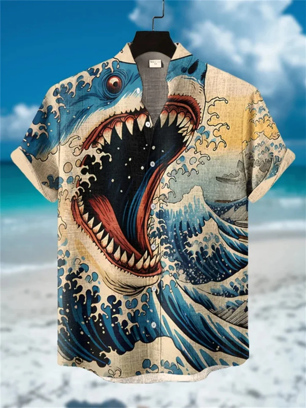 

Летняя модная льняная рубашка с воротником-стойкой, кардиган с короткими рукавами и принтом акулы, гавайская пляжная повседневная одежда для отдыха