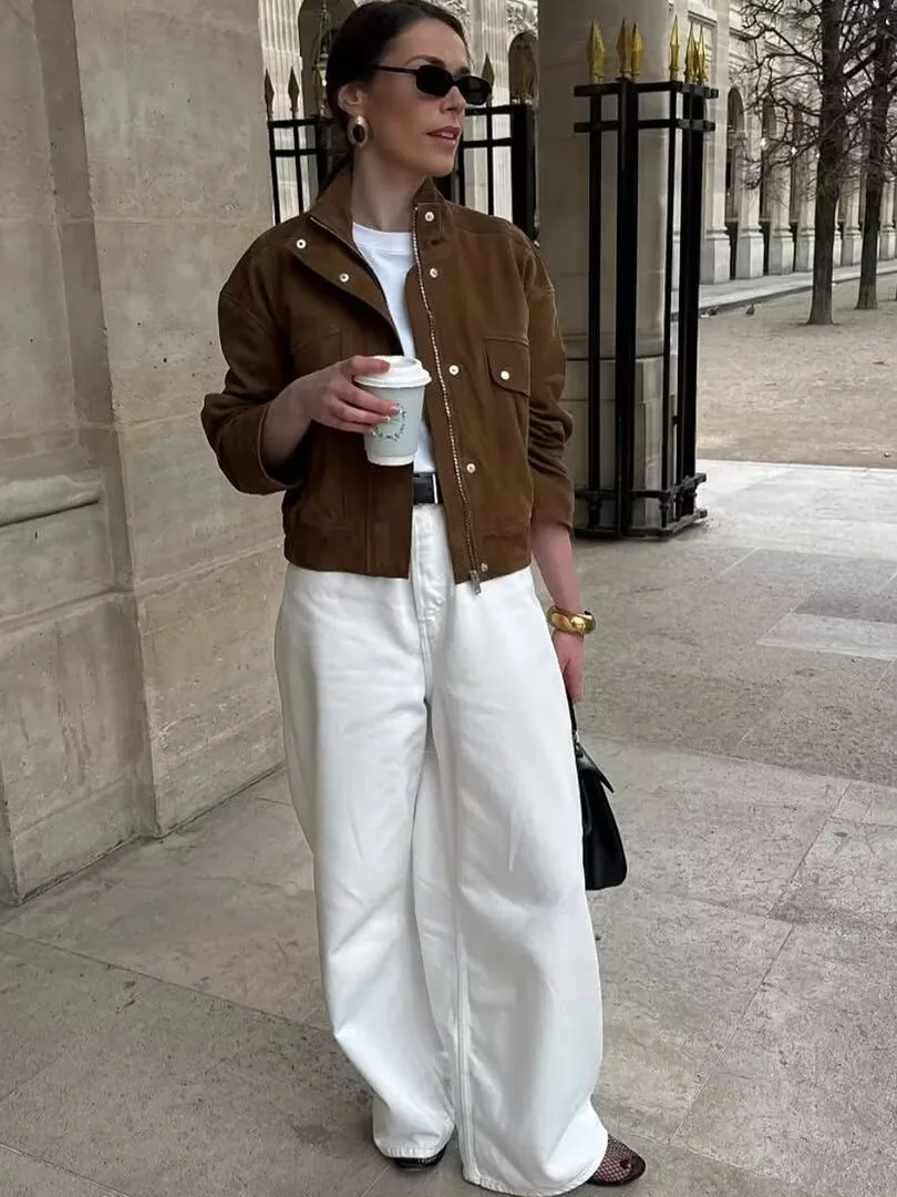 American Retro Deer Skin Velvet Jaet Women's ort Casual Motorcycle Jaet Top Loose Fit Regular Thin Spring Season