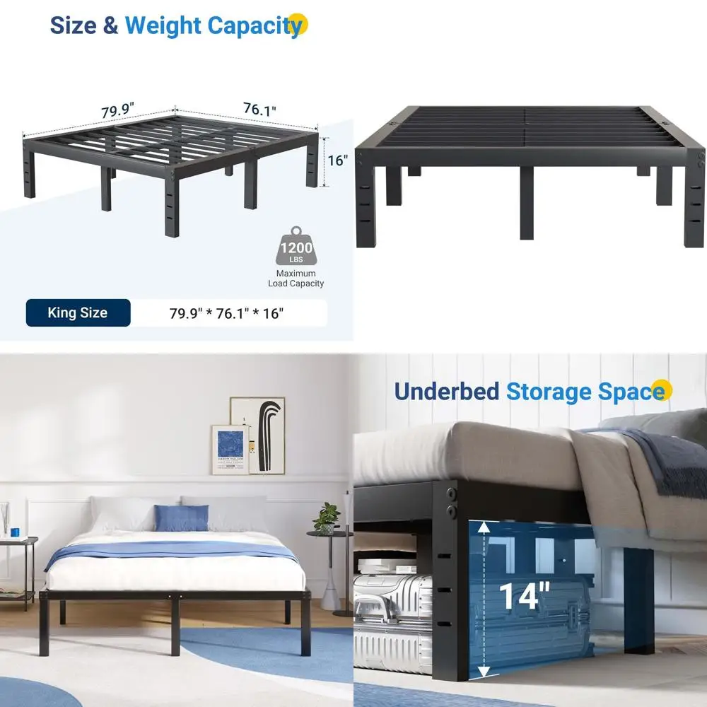 

16-дюймовая металлическая кровать King Size с платформой - бесшумная конструкция, усиленная, с местом для хранения, простая сборка, не требует пружинного блока.