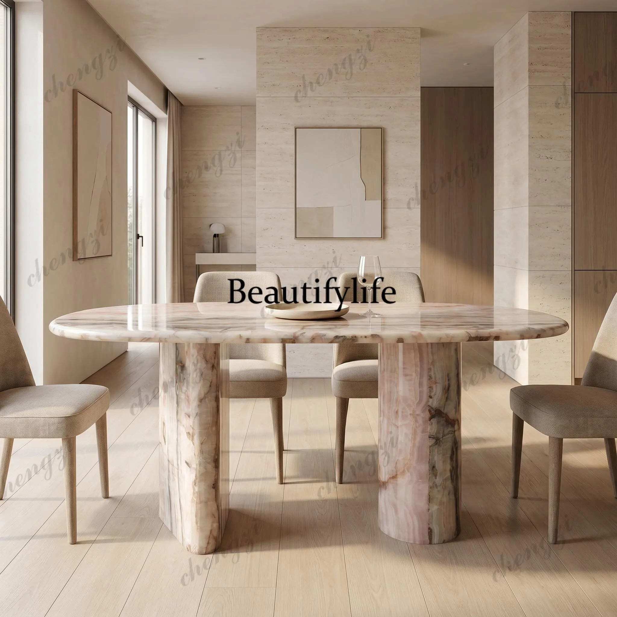 Italian minimalist pink agate jade marble dining table arc special-shaped double column base household