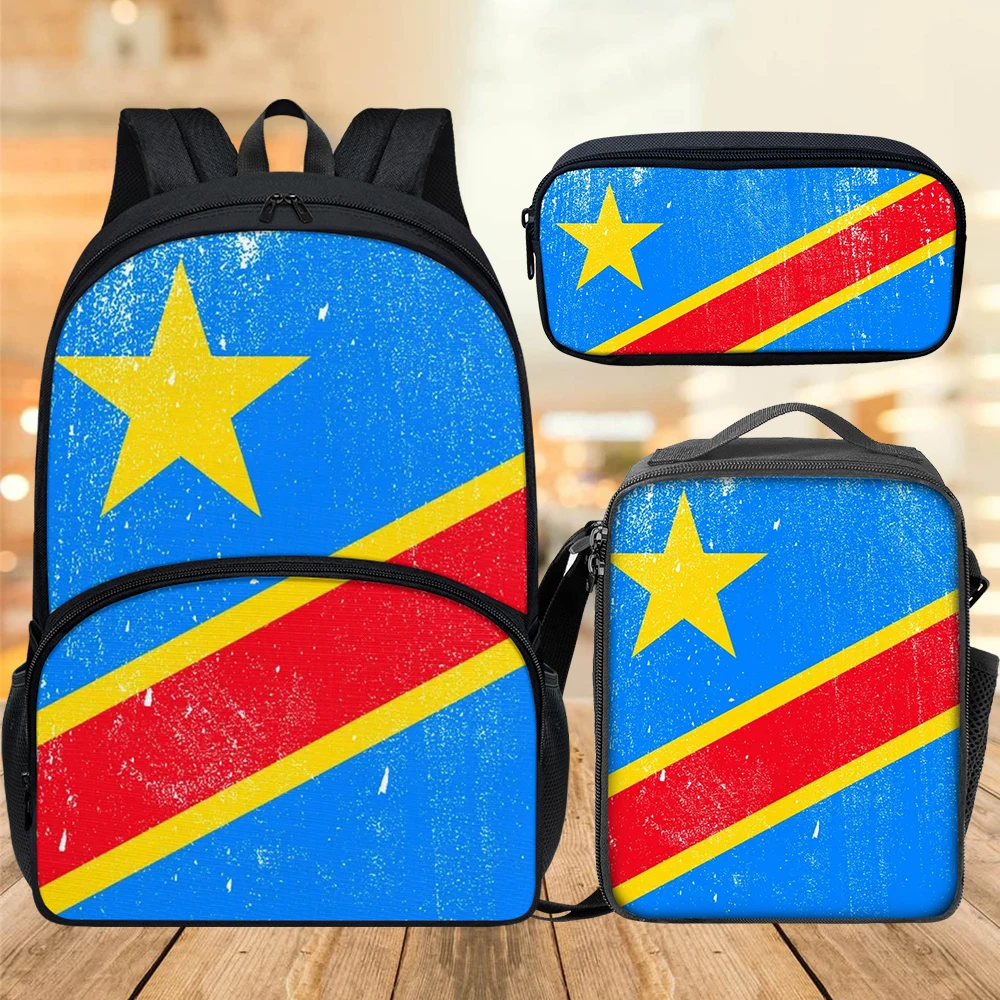 Congo Flag Print Primary Schoolbags Set Casual Bookbags Back to School Backpacks Pencil Case Small Satchel Women Men Patriotic