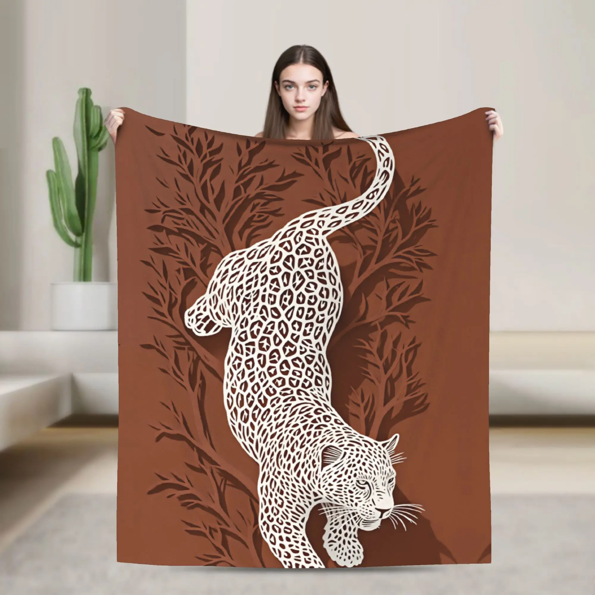 Paper Cut Art White Leopard Jumping With Foliage Comfortable Blanket  Print Plane Travel Bedding Throws Couch Sofa Bed Cover