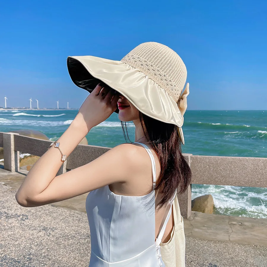 Large Brim Hat Korea Women Outdoor UV Big Head Sunhat Silver Silk Line Back Opening Bow Sun Hat Beach UPF50+ 56-58cm