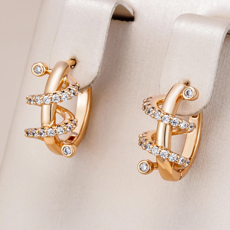 Kinel Trendy 585 Rose Gold Color Hoop Earrings for Women Unique Geometry Shiny Natural Zircon Accessories Daily Fine Jewelry