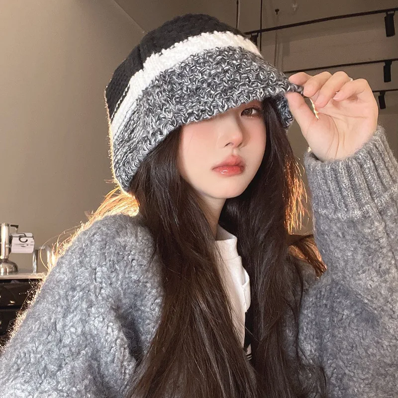 Autumn and Winter New Korean Style Ins Striped Color Matching Knitted Woolen Cap Women's Face Small Eye Covering Unique Fisherma