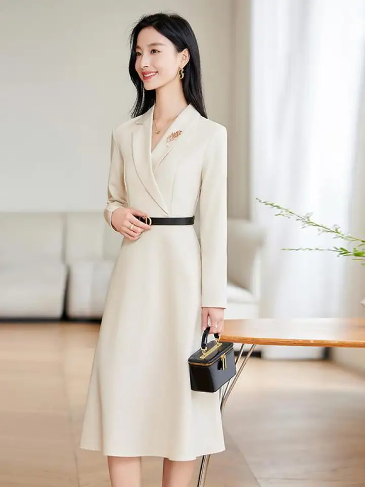 Korean Fashion Women Black High Waist Elegant Office Long Sleeves Dress  Autumn Winter Beige Slim Festival Plus Size A-line Dress - AliExpress  200000345