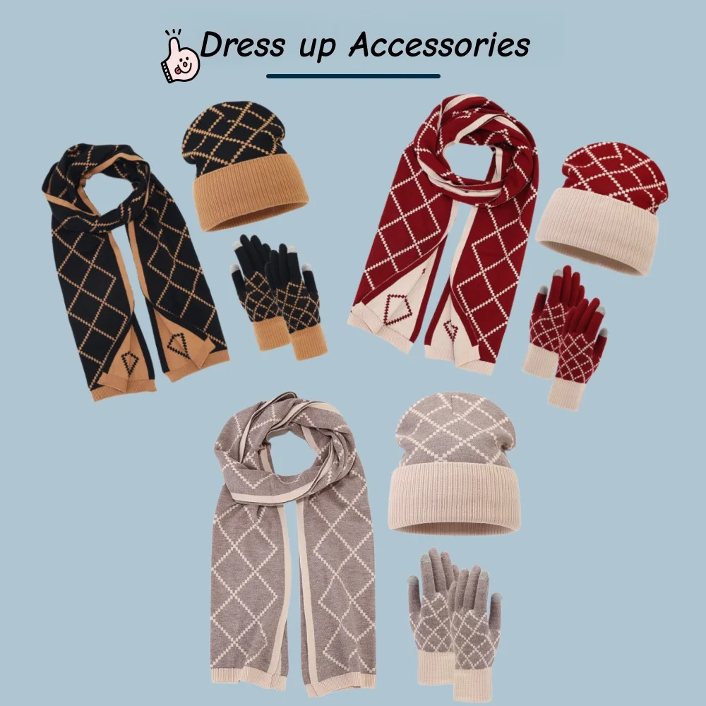 

Зимний комплект для взрослых на открытом воздухе, унисекс, вязаная шапка с рисунком аргайл, перчатки, шарф, защита от холода