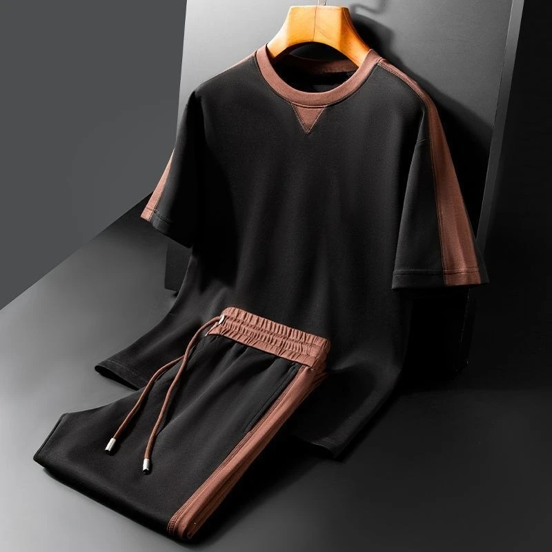 

2026 Summer Men Color Block Splicing Two Piece Set, Loose Breathable High Quality Short Sleeve T-shirt Casual Sports Outfit