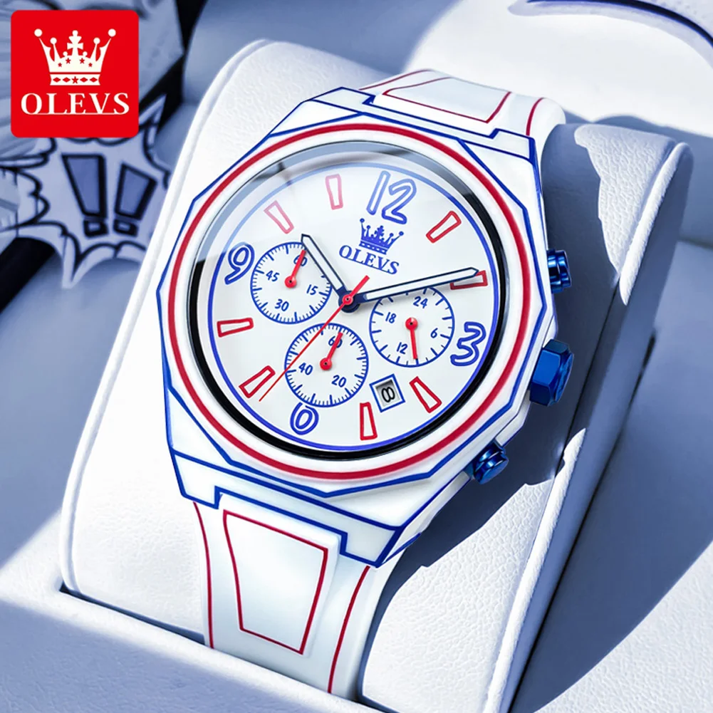 

OLEVS 5622 Sports Chronograph Mens Watches Multi-functional Waterproof Luminous Silicone Strap Quartz Watch for Men