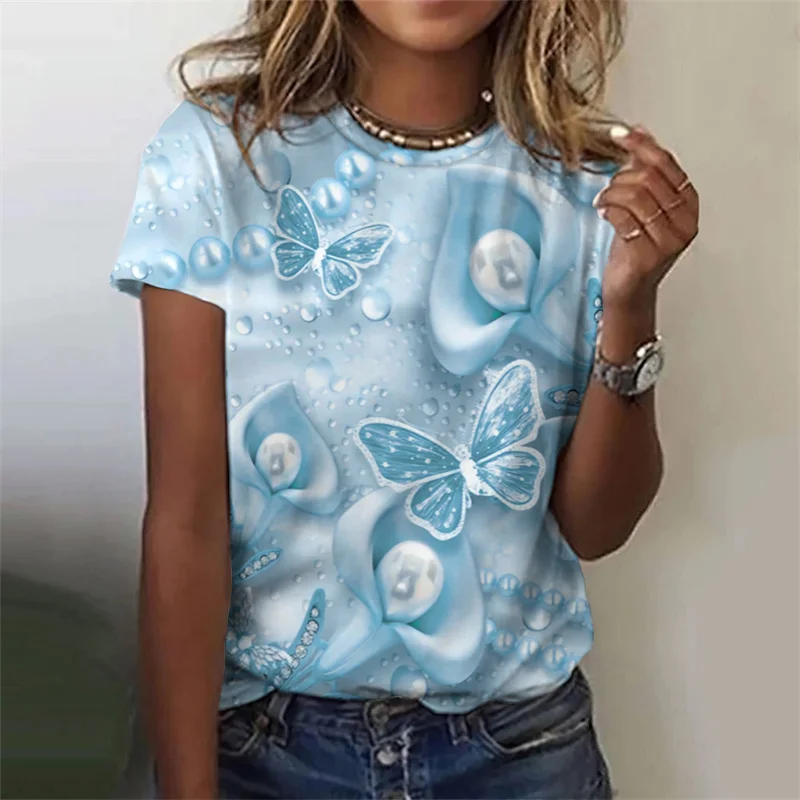 Harajuku 3D Florals Print T Shirt Butterflies Graphic T Shirts Women Fashion Tee Shirts Girl Funny Clothing Clothes Short Shirts