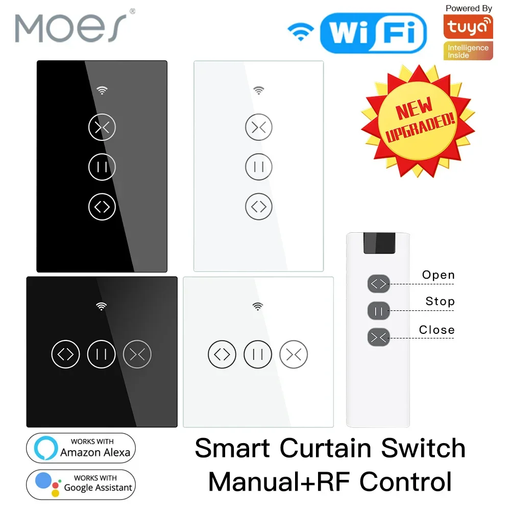 Moes WiFi RF433 Smart Touch Curtain Roller Blinds Motor Switch Tuya Smart Life App Remote Control Work with Alexa Google Home US