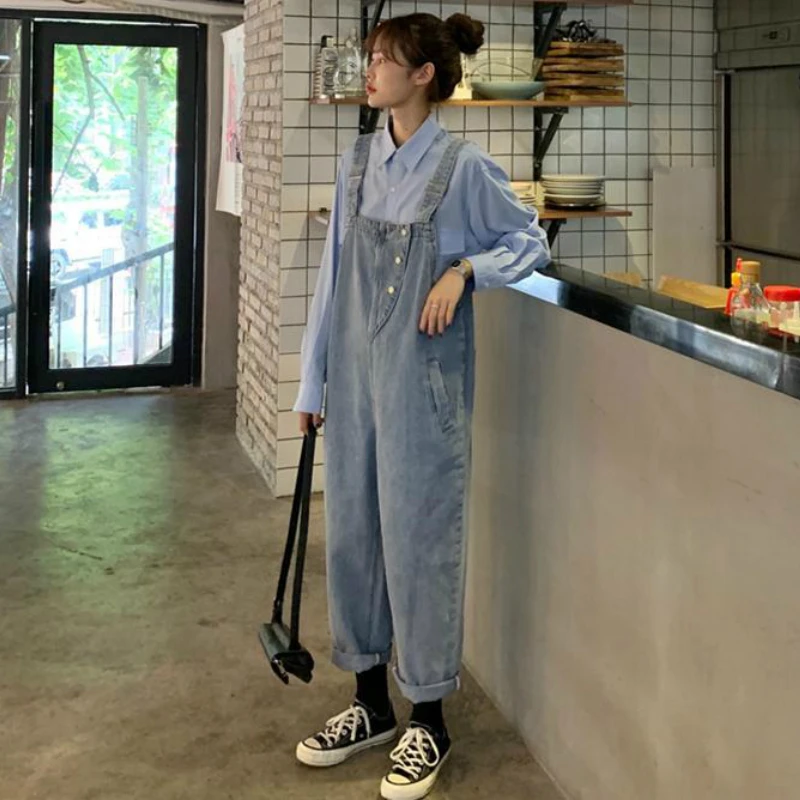 

Комбинезоны женские светло-голубые джинсовые популярные мешковатые милые прямые брюки в стиле Харадзюку на подтяжках женские модные дышащие Ins 2025