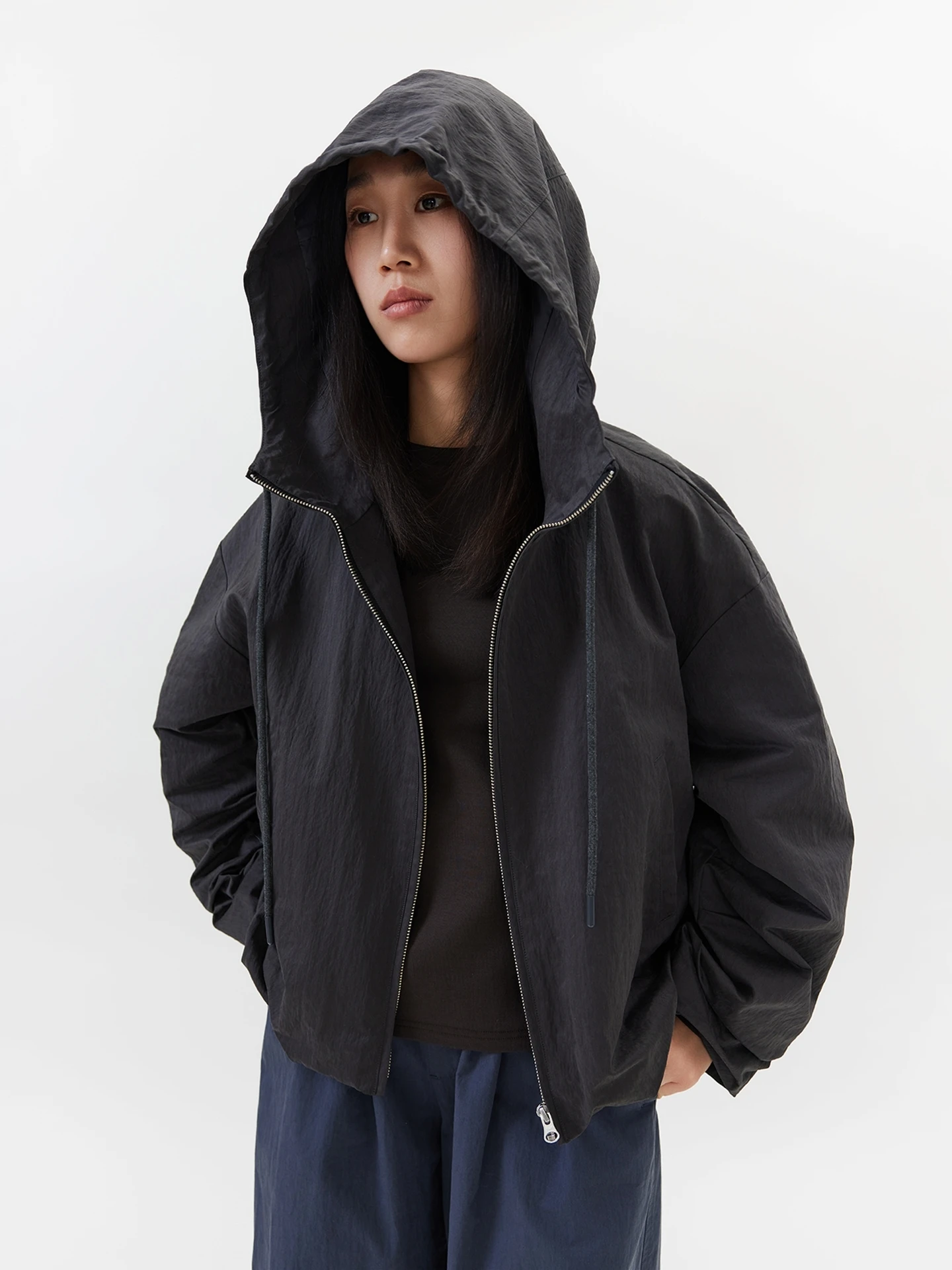 

Spring New Women's Seei26 Casual Sle Paper Skin Pleated Flower Bud Hooded oulder Drop Jaet Outerwear Polyester Fiber