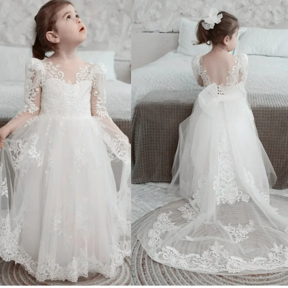 Flower Girl Dress Tulle Lace Printing Flory Pattern Long Sleeve for Wedding Dresses Girls Birthday GIFT Party Communion Gowns