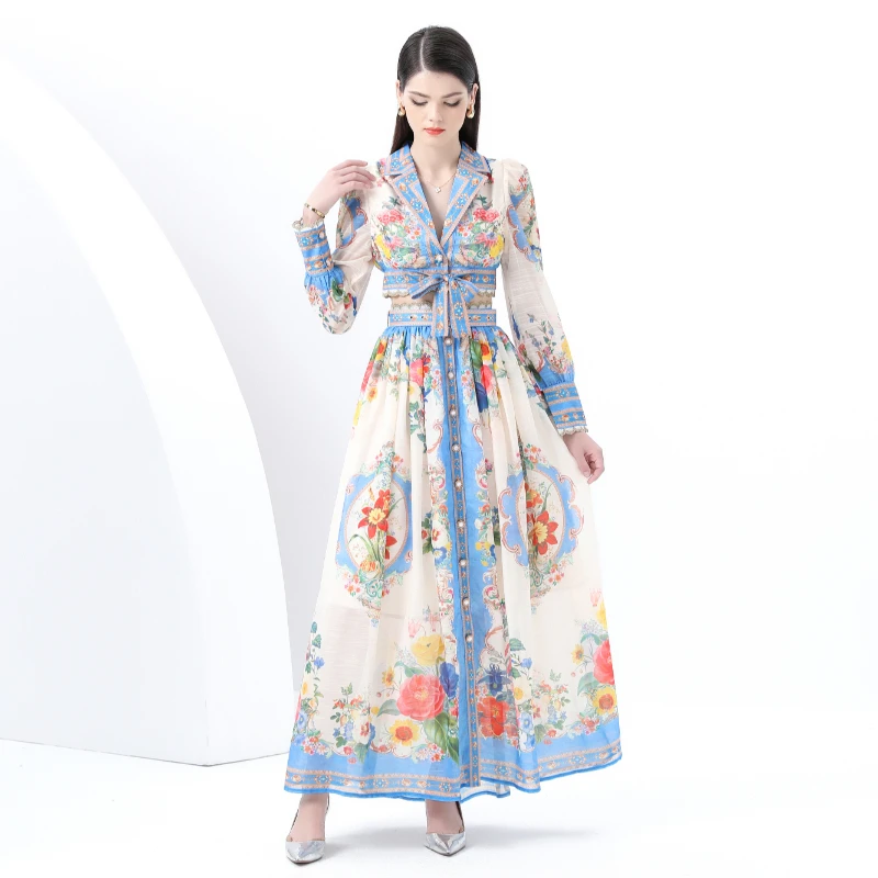 

Vaion Sle Long Sve Костюмный топ с воротником и поясом плюс юбка-миди с высокой талией Комплект из двух предметов Модная женская одежда