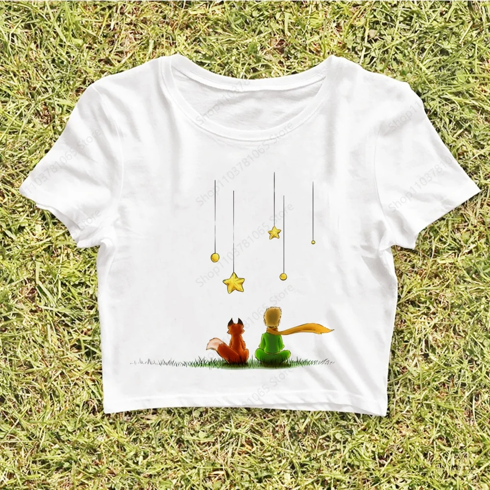 Little Prince Navel Top Women Short Sleeve Summer Fashion Navel Shirt Cartoon Earth Space T Shirt Fashion Tee Shirt O-Neck Tops