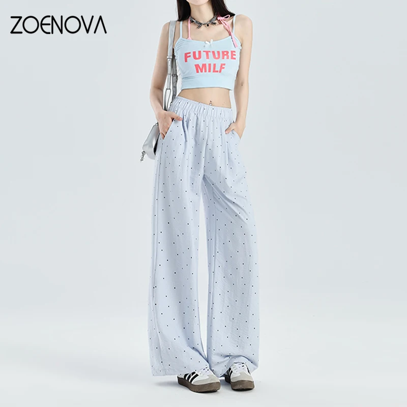 

ZOENOVA Korean Fashion Casual Loose Wide Leg Pants Summer Thin Polka Dot Embroidered Stretch High Waist Versatile Y2K Trousers