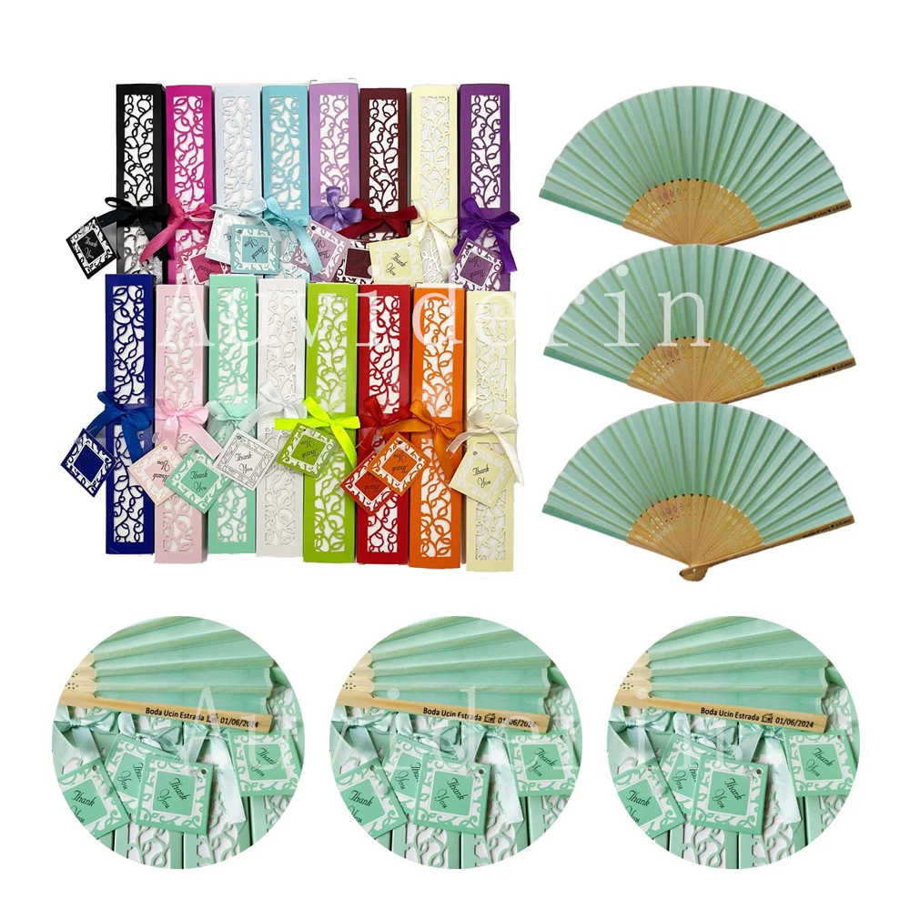 100/80/50Pcs Personalized Bamboo Hand Fan with Gift Box For Wedding Party Customs Birthday Party Gift Folding Fans