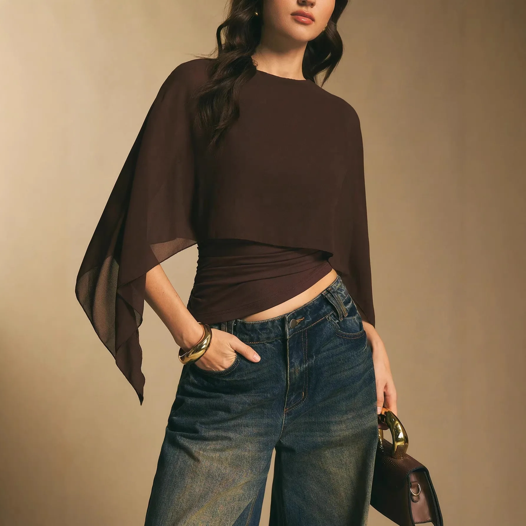 2026 Elegant Round Neck Cape Sleeve Top Ruched Waist Slim Fit False Two-Piece Tops Sheer Fabric Open Front Irregular T-Shirt