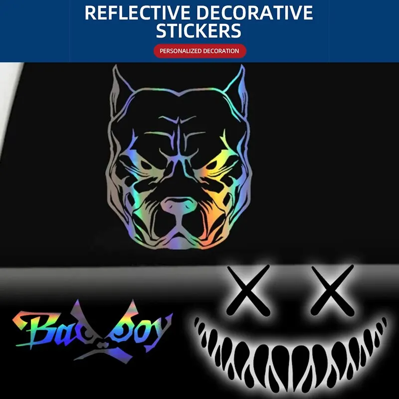 1 Stuks Motorfiets Carrosserie Helm Sticker Laser Regenboog Hond Smile Badboy Logo Stickers Reflecterende Stickers Voor Moto Bike