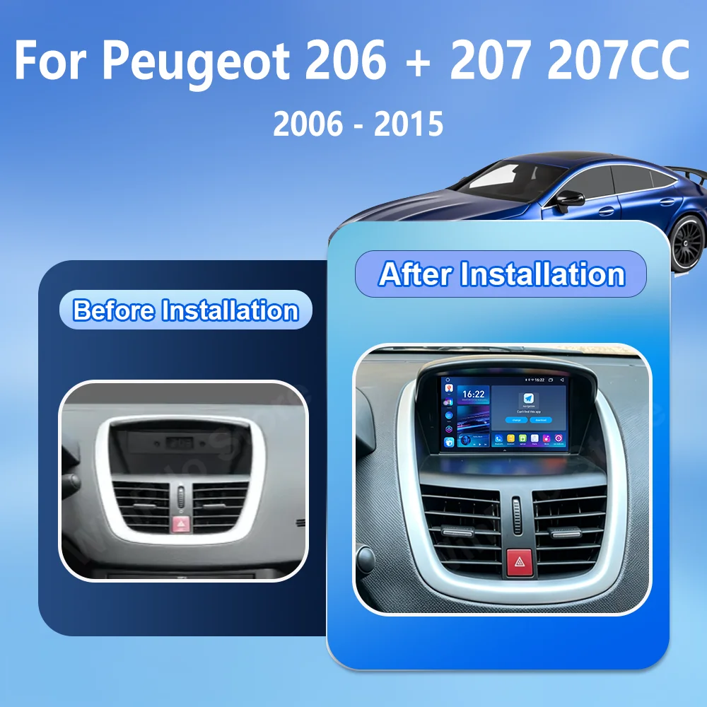 Android 16 For Peugeot 206 + 207 207CC 2006 -2015 Auto Carplay Multimedia Player Radio Stereo GPS Navigation Bluetooth Car DVD