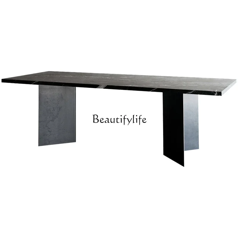 

Italian minimalist black marble dining table designer household rectangle premium wabi-sabi