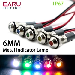 1PC IP67 6mm LED Waterproof Metal Indicator Light Signal Lamp With Wire 5V 12V 24V 220V Red/Yellow/Blue/Green/White Metal Button