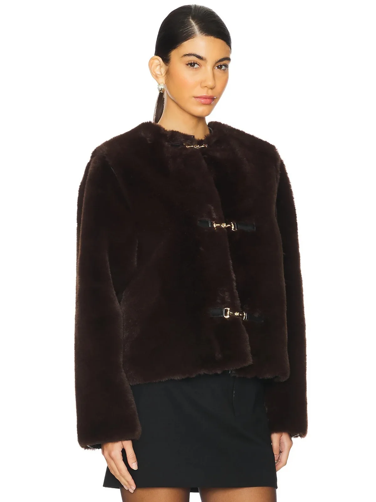 DFDG Women 2026 Cropped Faux Fur Jacket Round Collar Metal Buckle Decor Fluffy Warm Luxury Winter Outerwear Elegant Women Coat