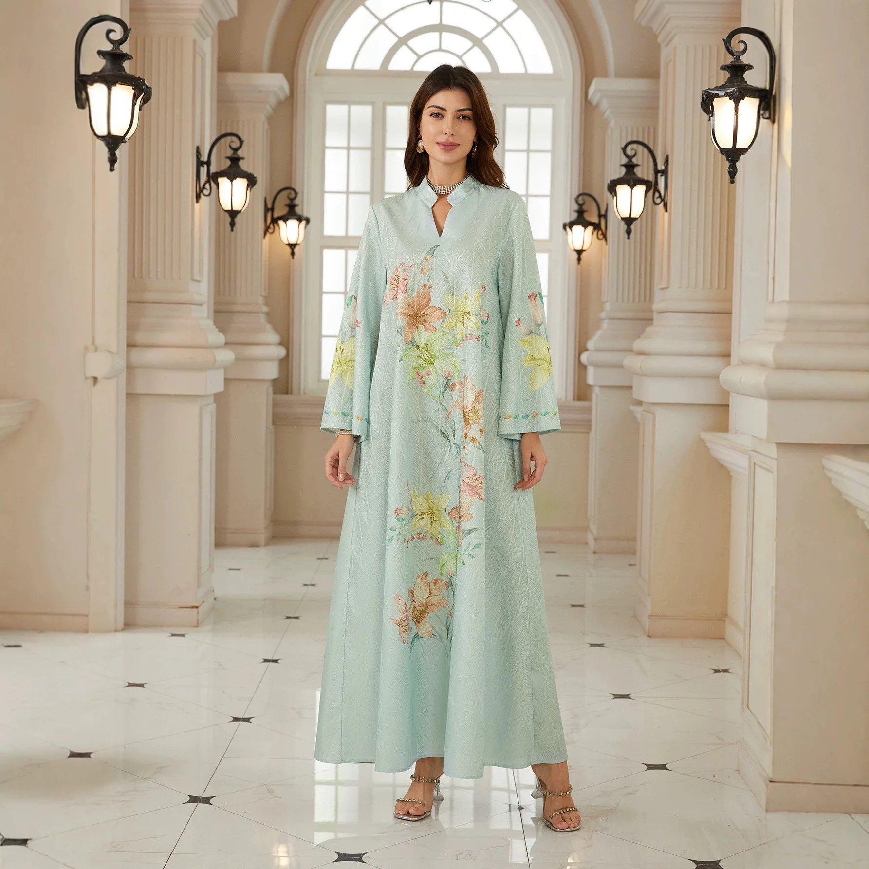 Eid Dress Abaya Women Flower Print Party Dresses Muslim Diamonds Vestidos Arab Long Robe Jalabiya Ramadan Morocco Dubai Kaftan 2