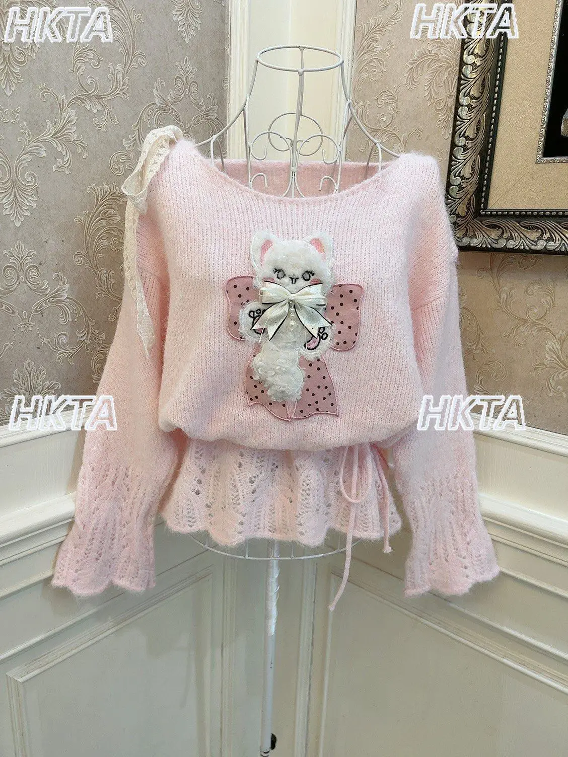 2026 Spring Cute Strawberry Cat Plush Bow Tie Bell Sleeve Sweater Women Loose Waist Drawstring Pullover Hollow Out Sweater Top