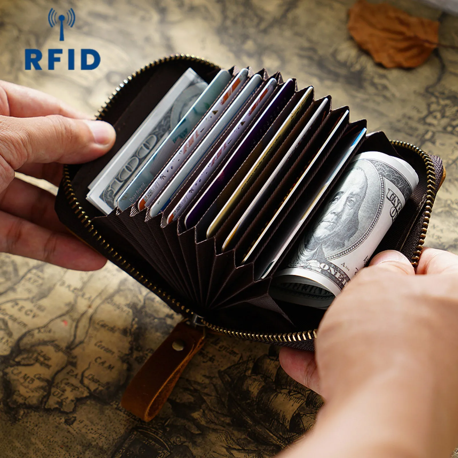 Leather RFID Blocking Credit Card Holder - Stylish Accordion Design Wallet with 11 Card Slots & Change Coin Pocket for Women Men