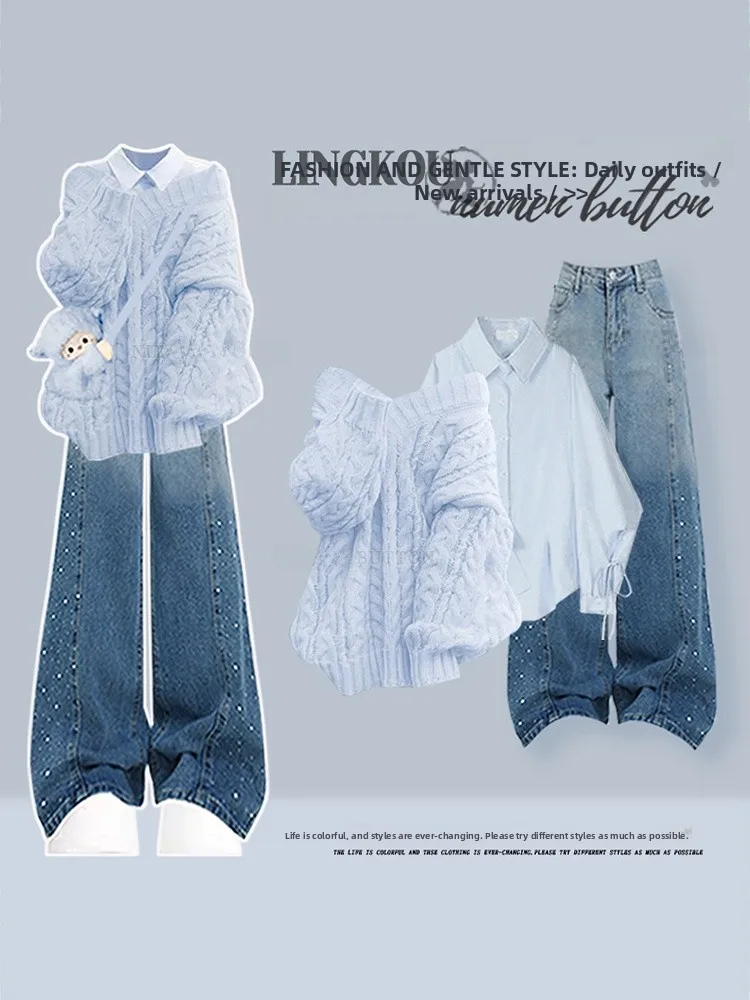 

Женский осенне-зимний вязаный свитер Base irt adient, комплект джинсовой футболки, повседневный комплект с длинным светом и v-образным вырезом, стандартный крой